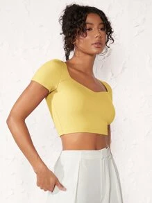 SHEIN BASICS Sweetheart Neck Crop Tee - Yellow - View 5