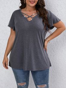 SHEIN LUNE Camiseta con tira cruzada de manga mariposa con diseño de diamante de imitación - Gris - Ver 1