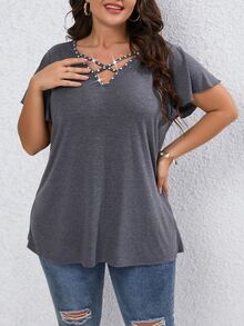SHEIN LUNE Camiseta con tira cruzada de manga mariposa con diseño de diamante de imitación - Gris - Ver 4