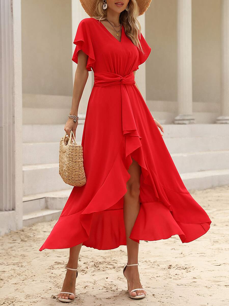 SHEIN VCAY Vestido con cinturón de manga mariposa ribete con fruncido - Rojo - Ver 1