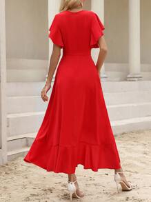 SHEIN VCAY Vestido con cinturón de manga mariposa ribete con fruncido - Rojo - Ver 2