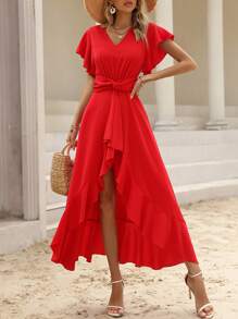 SHEIN VCAY Vestido con cinturón de manga mariposa ribete con fruncido - Rojo - Ver 3