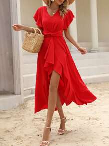 SHEIN VCAY Vestido con cinturón de manga mariposa ribete con fruncido - Rojo - Ver 4