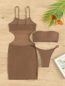 帶遮蓋衣的露肩式夏日沙灘比基尼套裝 - 棕色 - 查看 3