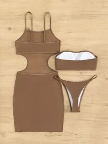 帶遮蓋衣的露肩式夏日沙灘比基尼套裝 - 棕色 - 查看 4