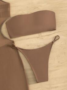 帶遮蓋衣的露肩式夏日沙灘比基尼套裝 - 棕色 - 查看 6