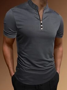 Manfinity 男士素色紐扣細節POLO衫 - 深灰色 - 查看 1