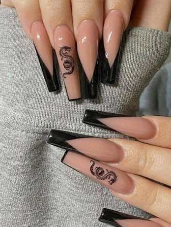 24入組長棺材型黑色法式龍紋假指甲+1支指甲文件+1張膠帶壓貼指甲指甲用品，讓你瞬間時尚迷人