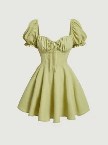 SHEIN MOD Vestido unicolor de manga farol pecho con fruncido