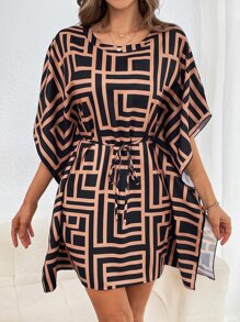 SHEIN Clasi Allover Print Batwing Sleeve Belted Dress - Multicolor - View 7