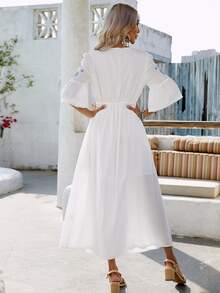 Mandala Embroidery Flounce Sleeve Dress - White - View 2
