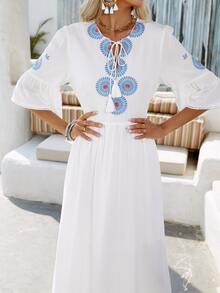 Mandala Embroidery Flounce Sleeve Dress - White - View 3