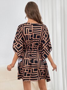 SHEIN Clasi Allover Print Batwing Sleeve Belted Dress - Multicolor - View 2