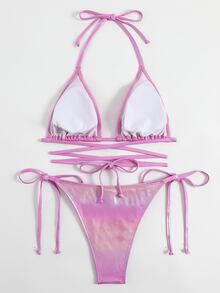 Conjunto de bikini de verano para playa con tirantes halter metálicos y laterales de lazo triangular - Rosa - Ver 5