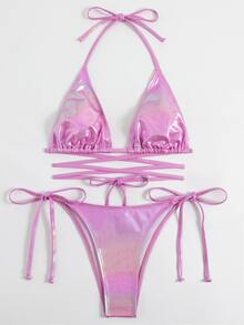 Conjunto de bikini de verano para playa con tirantes halter metálicos y laterales de lazo triangular - Rosa - Ver 6