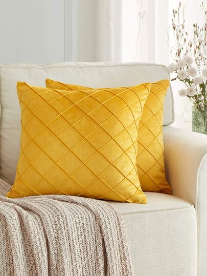 1入組素色絲絨鑽石形狀百褶靠枕類套,黃色