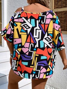 SHEIN LUNE 大碼幾何印花不對稱領蝙蝠袖襯衫 - 彩色 - 查看 2