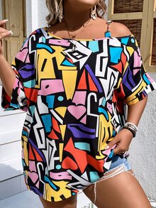 SHEIN LUNE 大碼幾何印花不對稱領蝙蝠袖襯衫 - 彩色 - 查看 4