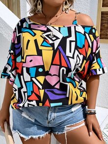 SHEIN LUNE 大碼幾何印花不對稱領蝙蝠袖襯衫 - 彩色 - 查看 5