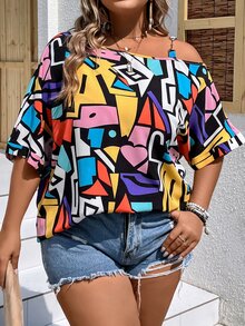 SHEIN LUNE 大碼幾何印花不對稱領蝙蝠袖襯衫 - 彩色 - 查看 8