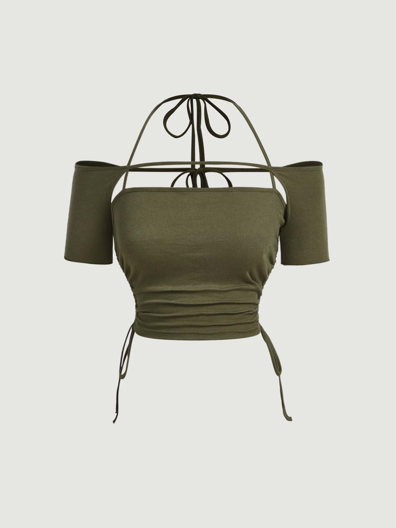 SHEIN MOD Solid Drawstring Side Crop Tee - Army Green - View 1