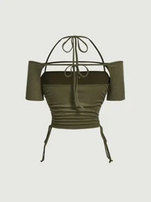 SHEIN MOD Solid Drawstring Side Crop Tee - Army Green - View 2