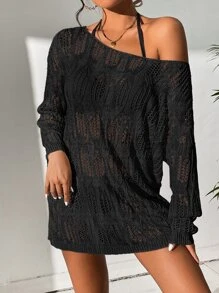 SHEIN Swim 鏤空落肩袖罩衫洋裝不附比基尼 - 黑色 - 查看 6