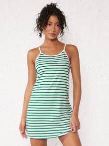 SHEIN BASICS Striped Print Cami Dress - Green - View 1