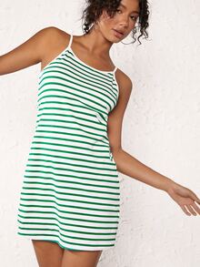 SHEIN BASICS Striped Print Cami Dress - Green - View 5