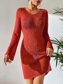 Hollow Out Knitted Cover Up Dress Without Bikini - Burnt Orange - View 3