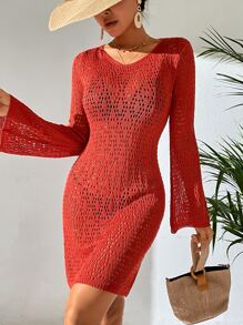 Hollow Out Knitted Cover Up Dress Without Bikini - Burnt Orange - View 4