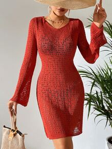 Hollow Out Knitted Cover Up Dress Without Bikini - Burnt Orange - View 6