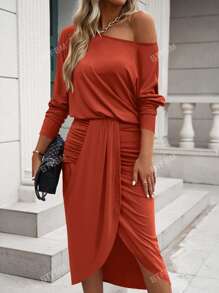 BTFBM Solid Ruched Wrap Hem Dress