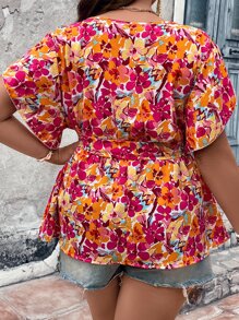 Breezaya Plus Size Boho Floral Print Butterfly Sleeve Blouse, For Summer - Multicolor - View 2