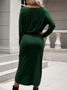 BTFBM Vestido unicolor fruncido bajo asimétrico - Verde Oscuro - Ver 2