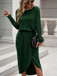 BTFBM Vestido unicolor fruncido bajo asimétrico - Verde Oscuro - Ver 3