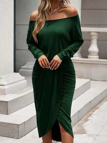 BTFBM Vestido unicolor fruncido bajo asimétrico - Verde Oscuro - Ver 4