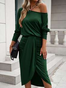 BTFBM Vestido unicolor fruncido bajo asimétrico - Verde Oscuro - Ver 5