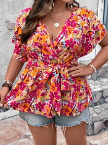 Breezaya Plus Size Boho Floral Print Butterfly Sleeve Blouse, For Summer - Multicolor - View 5