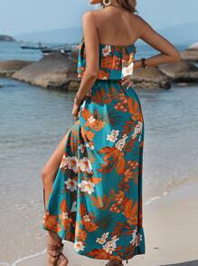 SHEIN VCAY 熱帶圖案高衩腰帶抹胸連衣裙 - 彩色 - 查看 2