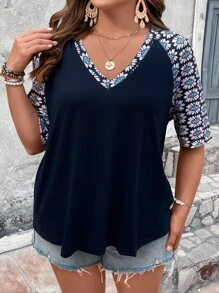 SHEIN LUNE Camiseta con estampado floral de manga raglán - Negro - Ver 4
