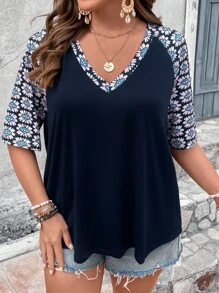 SHEIN LUNE Camiseta con estampado floral de manga raglán - Negro - Ver 5
