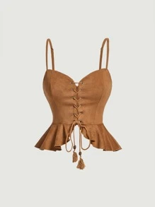 SHEIN MOD Áo khoác và áo lót dành cho xe tăng nữ mép Ren lên Viên lá sen Thùa khuyết màu trơn Boho - Màu Khaki - Xem 1