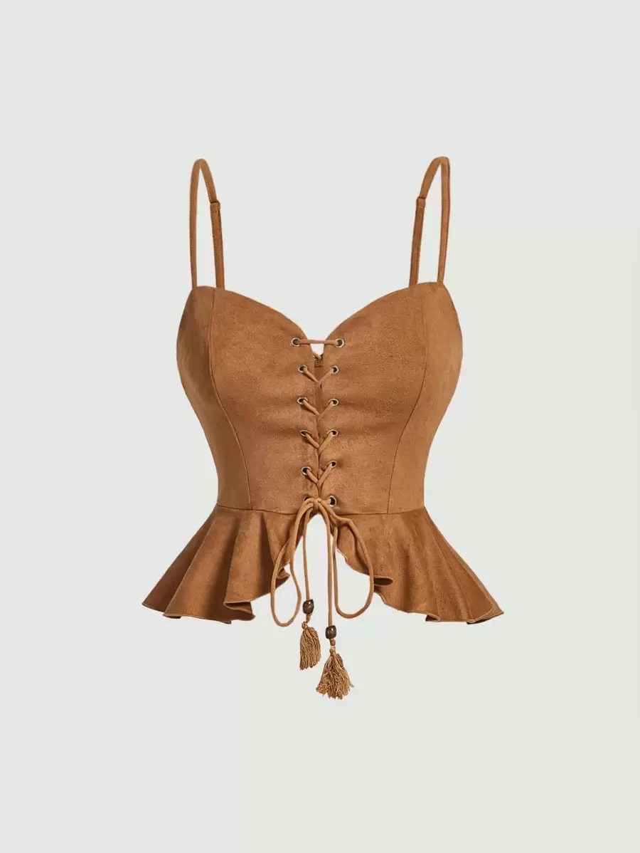 SHEIN MOD Áo khoác và áo lót dành cho xe tăng nữ mép Ren lên Viên lá sen Thùa khuyết màu trơn Boho - Màu Khaki - Xem 1