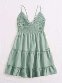 ROMWE Fairycore 提花蕾絲後背繫帶荷葉邊吊帶洋裝