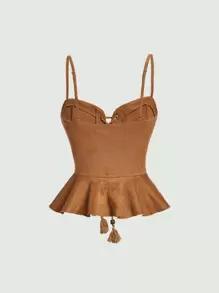 SHEIN MOD Áo khoác và áo lót dành cho xe tăng nữ mép Ren lên Viên lá sen Thùa khuyết màu trơn Boho - Màu Khaki - Xem 2