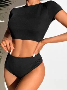 Conjunto de bikini de espalda cruzada y sin espalda de color liso para playa de verano - Negro - Ver 3