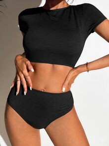 Conjunto de bikini de espalda cruzada y sin espalda de color liso para playa de verano - Negro - Ver 4