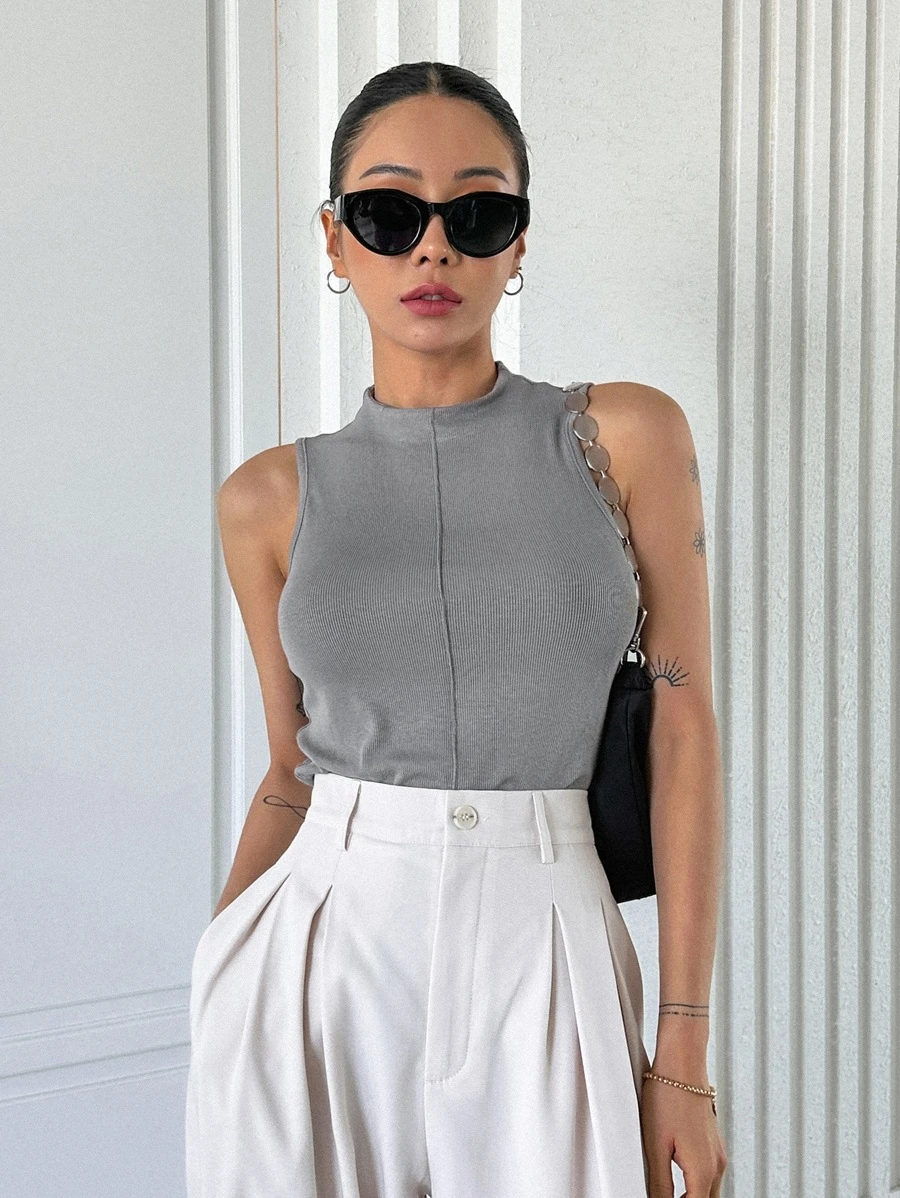 DAZY 高领缝线背心，返校服装 - 灰色 - 查看 1