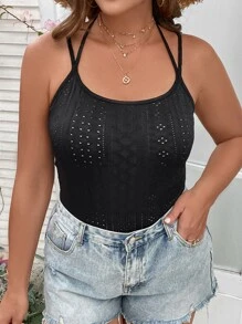 SHEIN LUNE Áo liền quần chặt Kích thước lớn Tranh thêu màu trơn Boho - màu đen - Xem 1